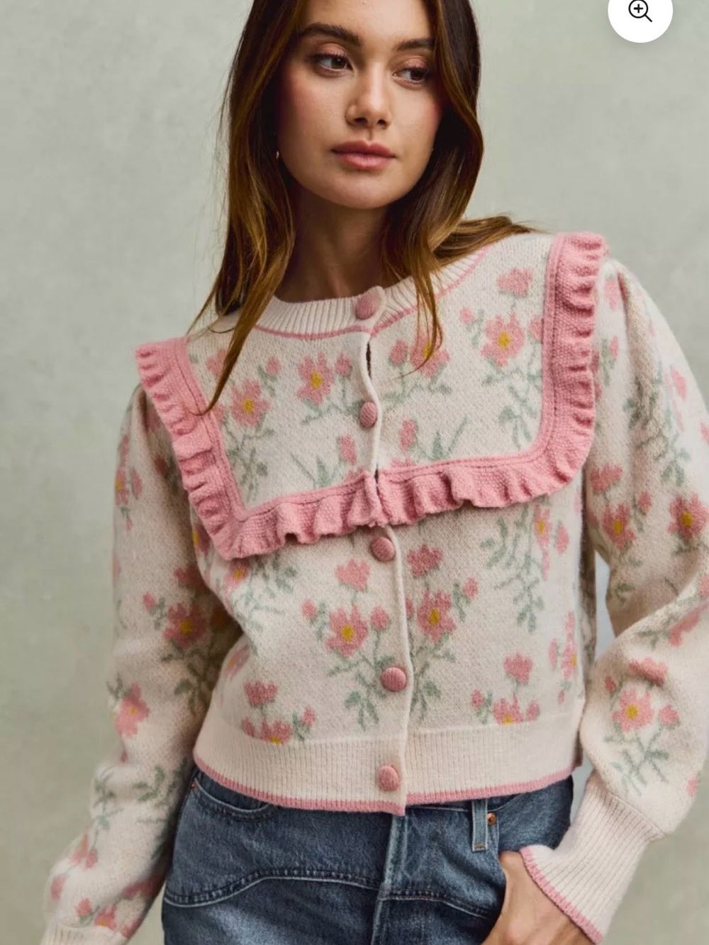 So Me L Pink Floral Ruffle Cardigan Coquette Cottagecore Puff Sleeve Sweater - Picture 2 of 15